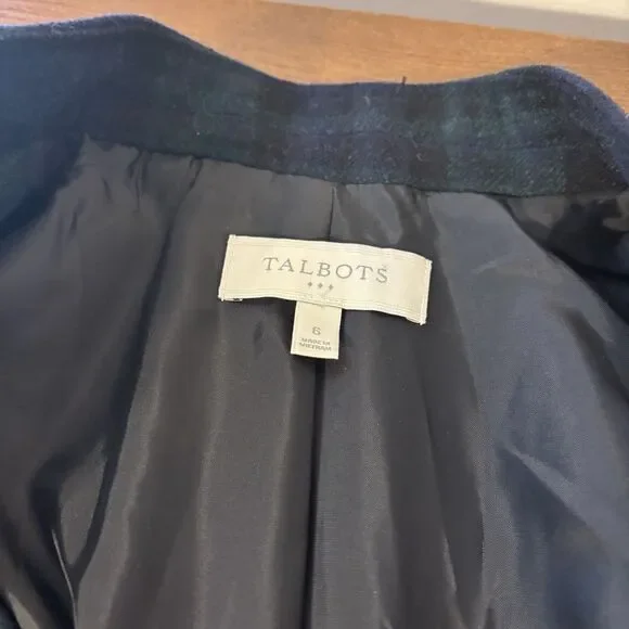 Talbots Factory Womans 8 Black Watch Tartan Navy Blue Plaid Wool Blend Blazer - Picture 6 of 7